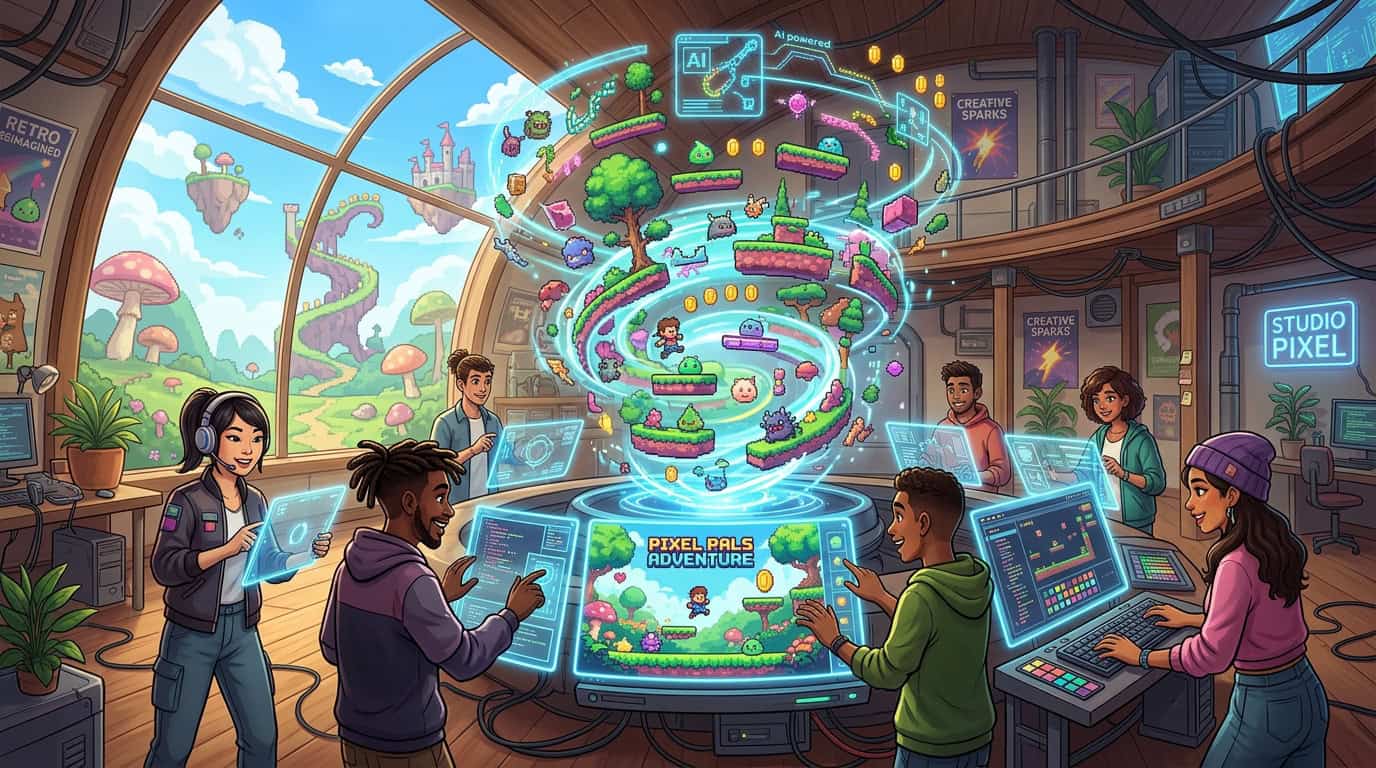 Diverse team of game developers collaborating on Pixel Pals Adventure in a high-tech studio with holographic displays