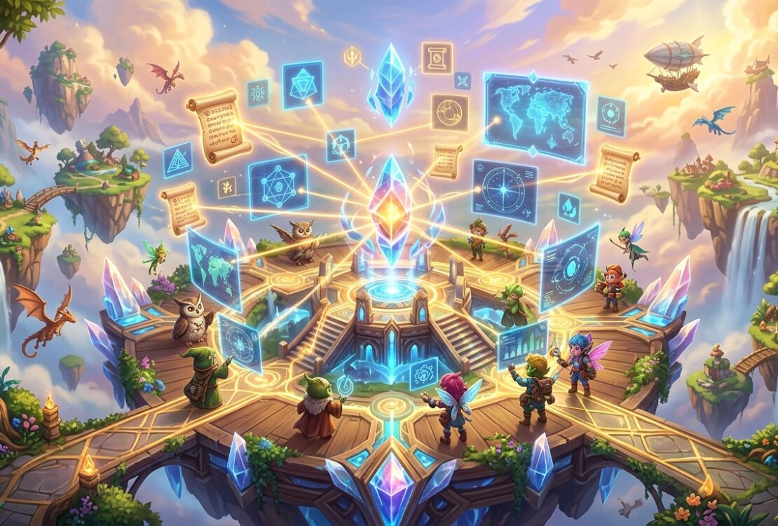 Fantasy characters on a floating platform interact with magical holograms and scrolls around a central glowing crystal