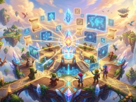 Fantasy characters on a floating platform interact with magical holograms and scrolls around a central glowing crystal