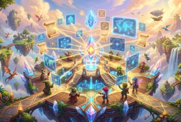Fantasy characters on a floating platform interact with magical holograms and scrolls around a central glowing crystal