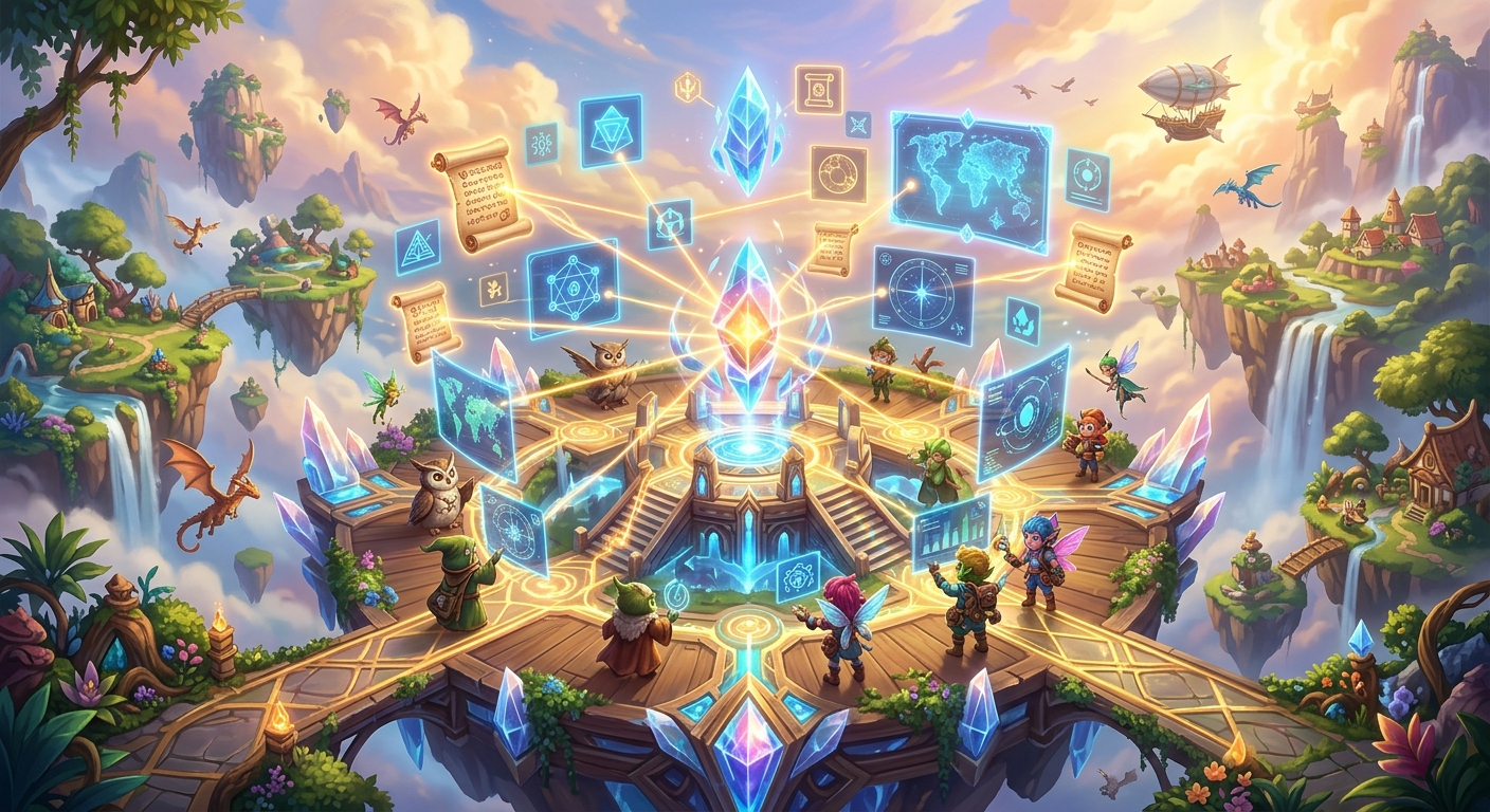 Axie Infinity Releases Comprehensive Resource Guide for Players & Developers 25 Fantasy characters on a floating platform interact with magical holograms and scrolls around a central glowing crystal