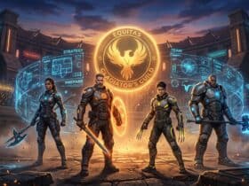 Four futuristic gladiators stand in an arena before a glowing Equitas Gladiator's Guild phoenix emblem