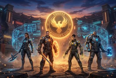 Four futuristic gladiators stand in an arena before a glowing Equitas Gladiator's Guild phoenix emblem