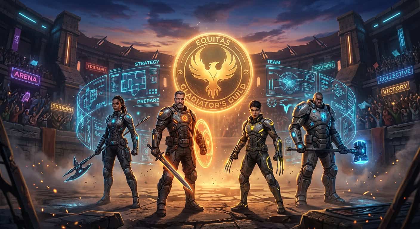 Four futuristic gladiators stand in an arena before a glowing Equitas Gladiator's Guild phoenix emblem