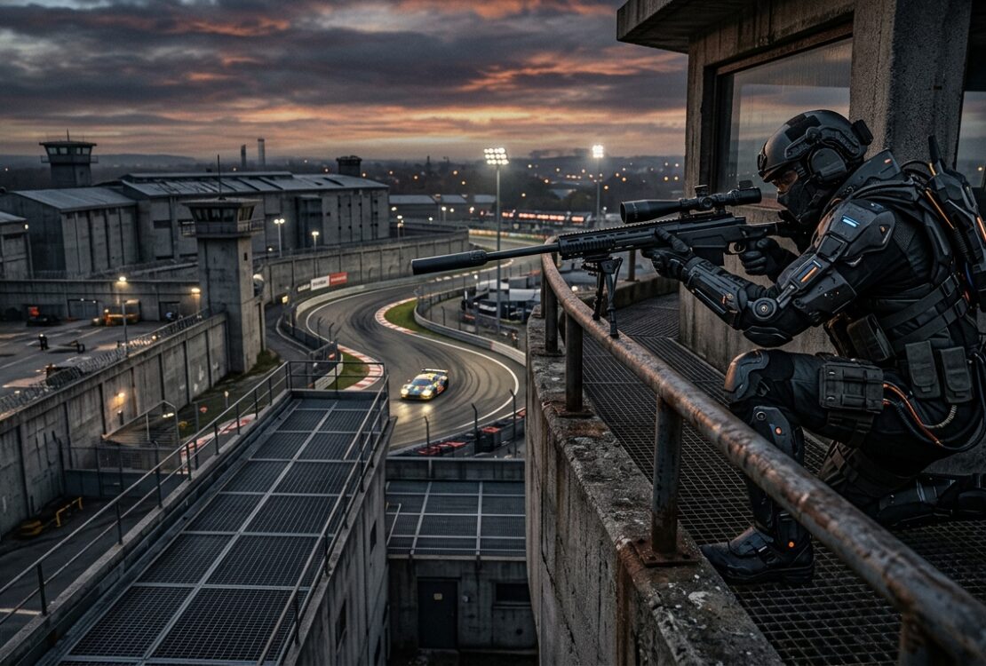 Futuristic sniper in tactical gear aims a rifle from a tower overlooking a race track inside a prison complex