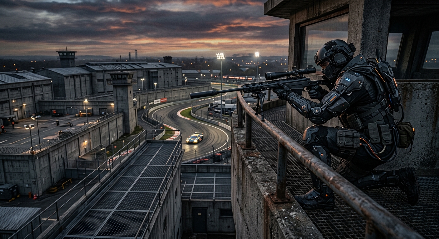 Futuristic sniper in tactical gear aims a rifle from a tower overlooking a race track inside a prison complex