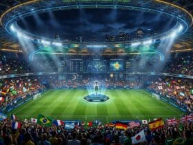 Futuristic soccer stadium at night during a global tournament final with holographic stats and fans waving flags