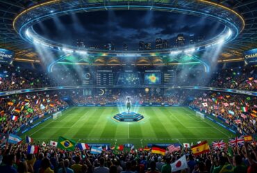 Futuristic soccer stadium at night during a global tournament final with holographic stats and fans waving flags