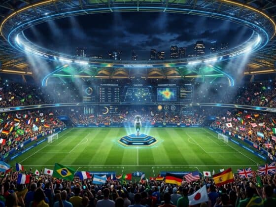 Futuristic soccer stadium at night during a global tournament final with holographic stats and fans waving flags