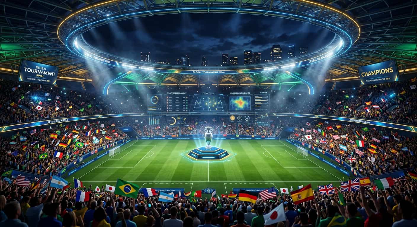 Futuristic soccer stadium at night during a global tournament final with holographic stats and fans waving flags