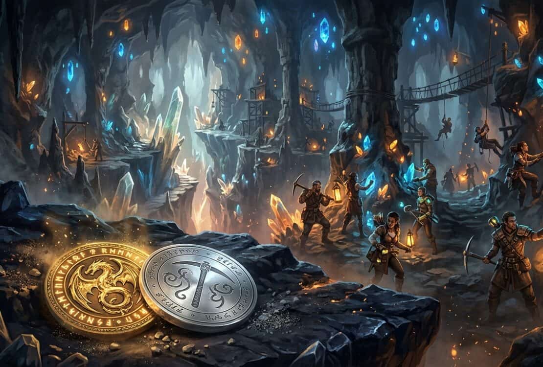 Miners harvest glowing crystals in a vast fantasy cavern, with two runic coins resting in the foreground