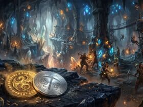 Miners harvest glowing crystals in a vast fantasy cavern, with two runic coins resting in the foreground