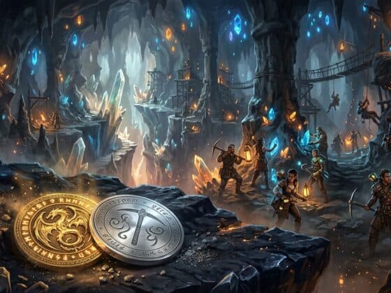 Miners harvest glowing crystals in a vast fantasy cavern, with two runic coins resting in the foreground