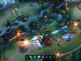 MOBA gameplay showing a team fight between fantasy heroes and minions near a defensive tower with a visible UI