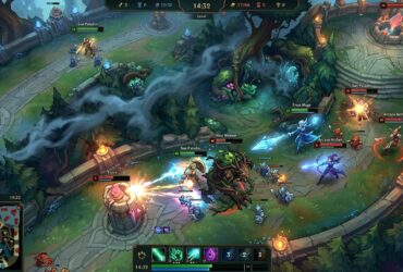 MOBA gameplay showing a team fight between fantasy heroes and minions near a defensive tower with a visible UI