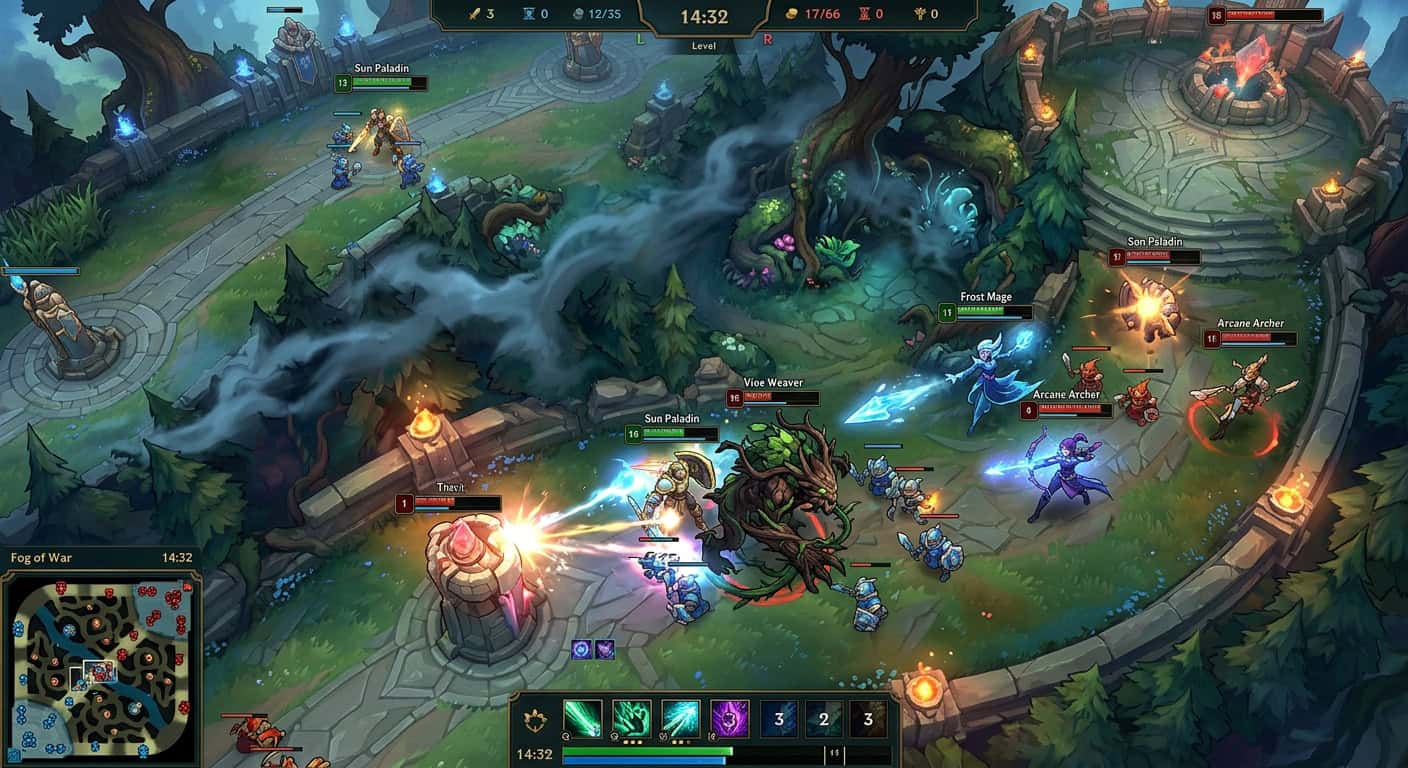 MOBA gameplay showing a team fight between fantasy heroes and minions near a defensive tower with a visible UI