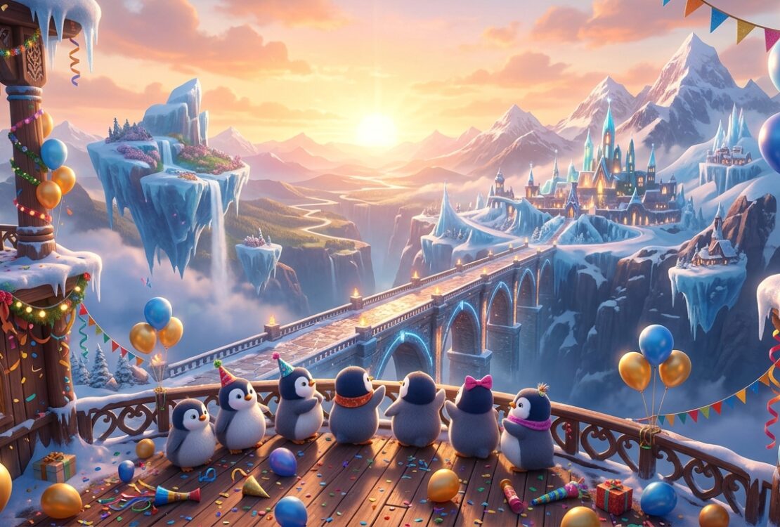 Six penguins in party hats on a festive balcony overlook a magical winter kingdom with a castle and floating islands