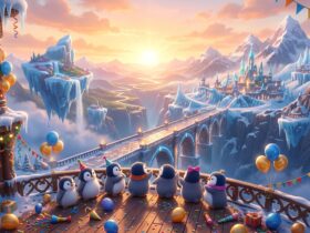 Six penguins in party hats on a festive balcony overlook a magical winter kingdom with a castle and floating islands