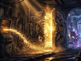 Sparks fly from a terminal displaying Transition Protocol as a massive vault door opens to a futuristic city