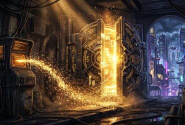 Sparks fly from a terminal displaying Transition Protocol as a massive vault door opens to a futuristic city