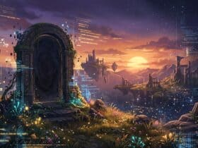 Stone portal in a fantasy landscape of floating islands and ruins, overlaid with glowing digital code