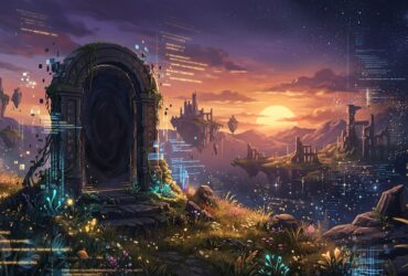 Stone portal in a fantasy landscape of floating islands and ruins, overlaid with glowing digital code
