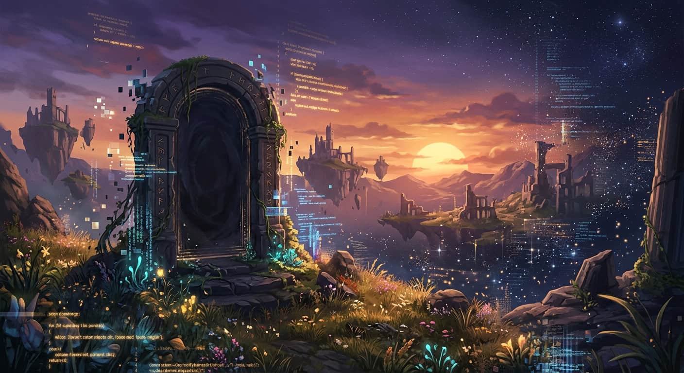Stone portal in a fantasy landscape of floating islands and ruins, overlaid with glowing digital code