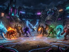 Ten diverse elemental monsters, including a fire dragon and ice wolf, stand in a glowing futuristic arena