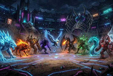Ten diverse elemental monsters, including a fire dragon and ice wolf, stand in a glowing futuristic arena