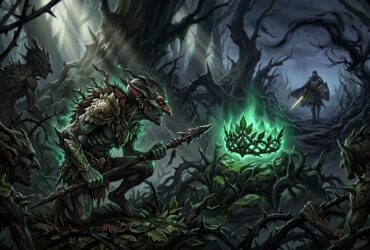 Thorny goblins in a dark forest surround a glowing green crown as a knight approaches in the distance
