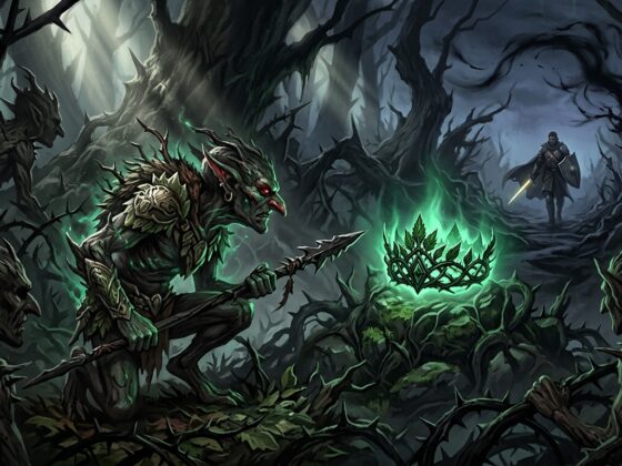 Thorny goblins in a dark forest surround a glowing green crown as a knight approaches in the distance
