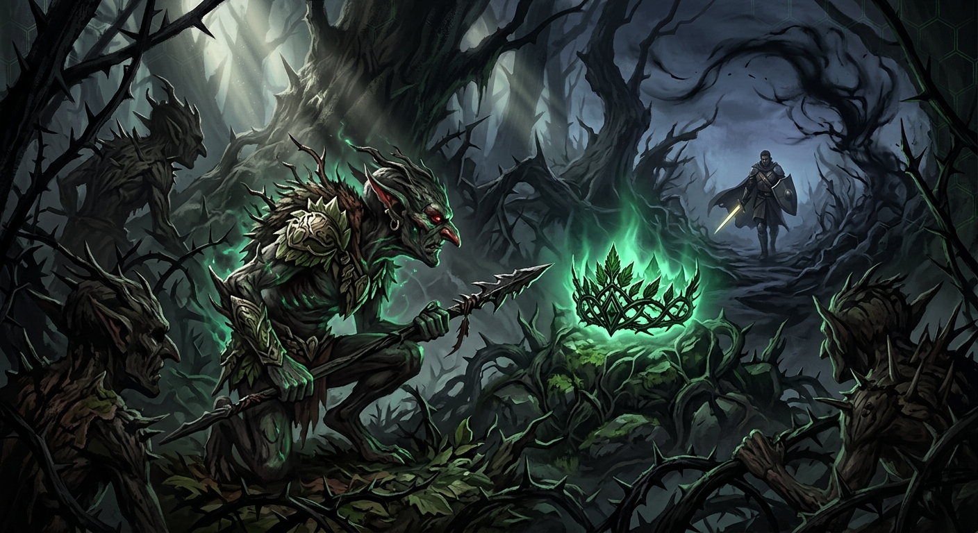 Thorny goblins in a dark forest surround a glowing green crown as a knight approaches in the distance