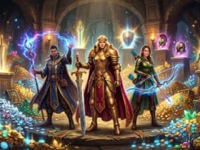 Three fantasy adventurers—a mage, a golden-armored warrior, and an archer—stand in a vault overflowing with treasure