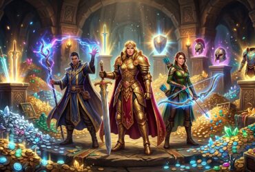 Three fantasy adventurers—a mage, a golden-armored warrior, and an archer—stand in a vault overflowing with treasure