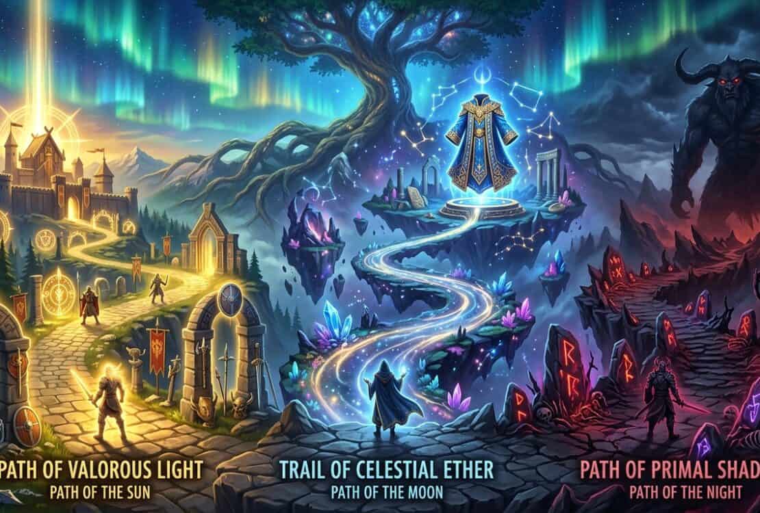 Three fantasy paths: Path of Valorous Light (Sun), Trail of Celestial Ether (Moon), and Path of Primal Shadow (Night)
