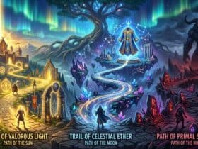 Three fantasy paths: Path of Valorous Light (Sun), Trail of Celestial Ether (Moon), and Path of Primal Shadow (Night)