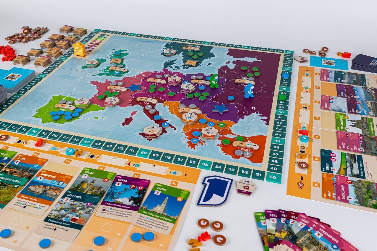 Gen Con starts this week: 11 tabletop releases worth standing in line for 28 The game board and components for Abroad include a map of Europe and cards representing different places to visit