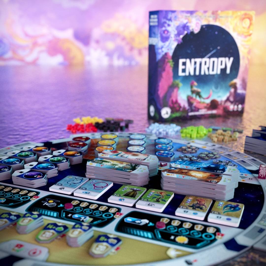 Gen Con starts this week: 11 tabletop releases worth standing in line for 31 The box of Entropy is in the background of an image showing the board and components laid out