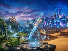 A glowing sword with holographic data screens floats between a fantasy castle and a neon cyberpunk city