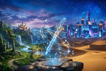 A glowing sword with holographic data screens floats between a fantasy castle and a neon cyberpunk city