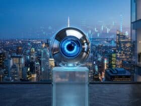 A metallic eye on a pedestal overlooking a city skyline, surrounded by digital financial charts and AI symbols
