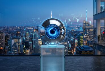 A metallic eye on a pedestal overlooking a city skyline, surrounded by digital financial charts and AI symbols