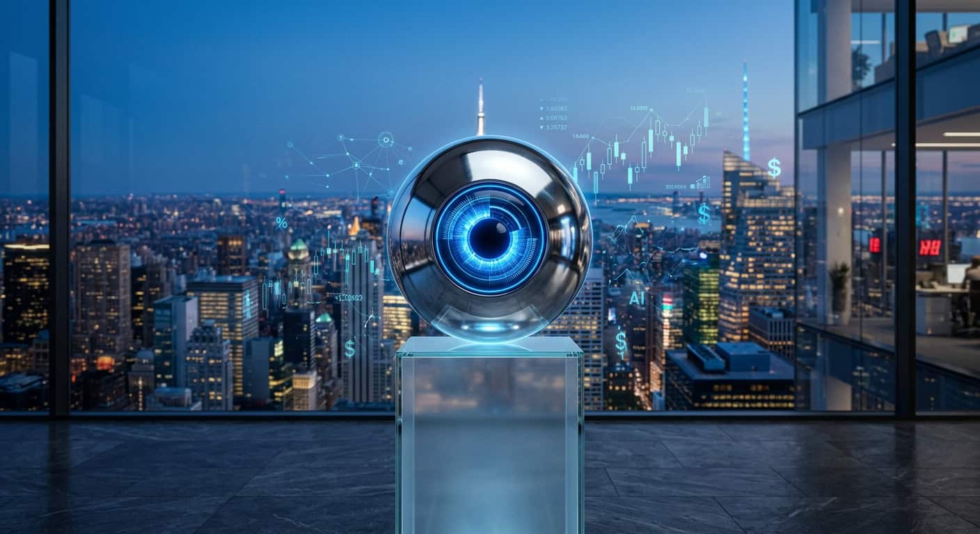 A metallic eye on a pedestal overlooking a city skyline, surrounded by digital financial charts and AI symbols