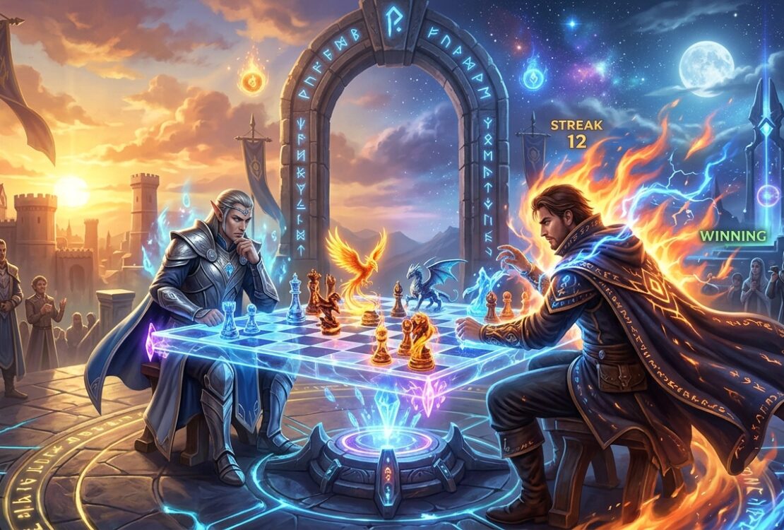 An elf and a human mage play magical chess on a glowing board. The mage is winning with a streak of 12