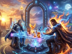 An elf and a human mage play magical chess on a glowing board. The mage is winning with a streak of 12