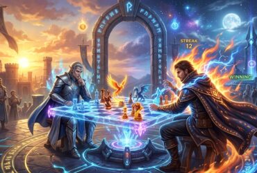 An elf and a human mage play magical chess on a glowing board. The mage is winning with a streak of 12