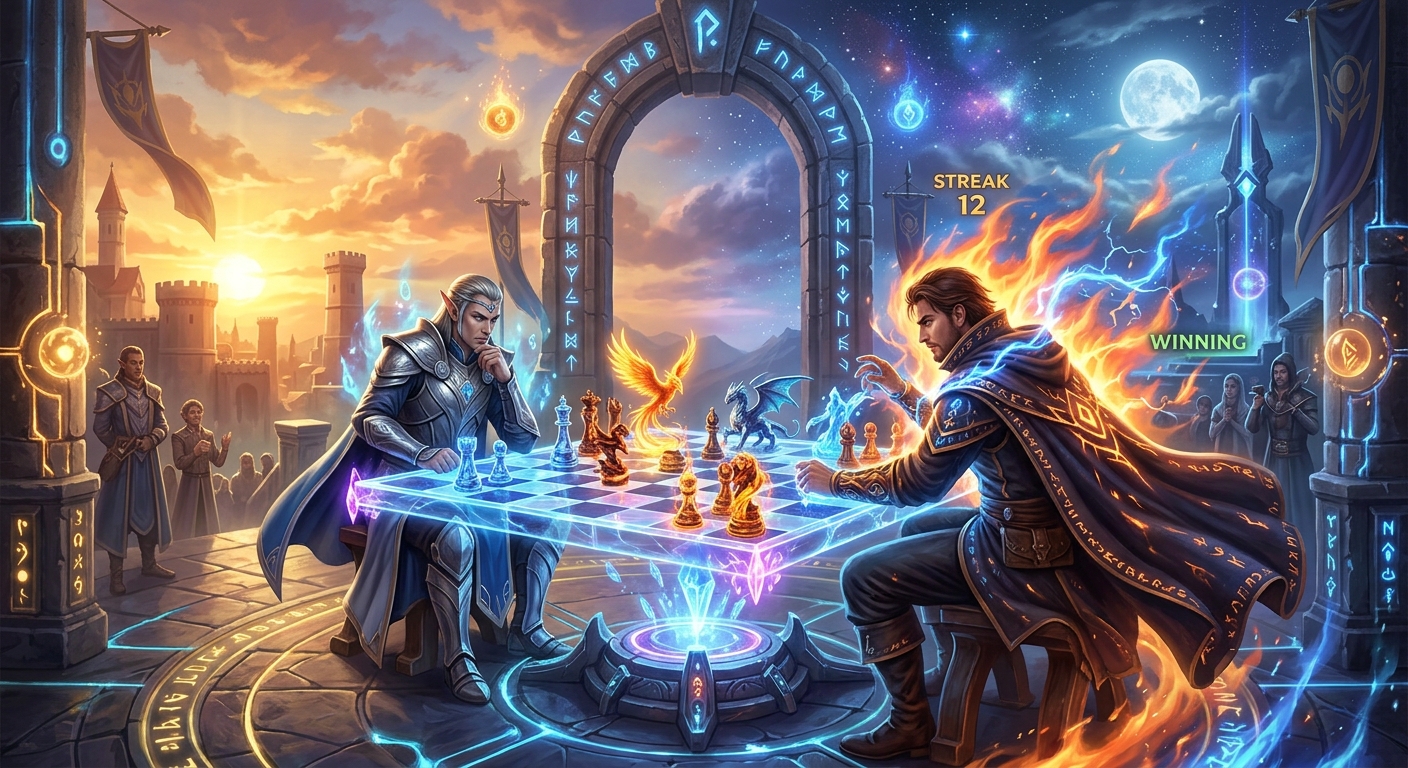 Anichess Season 9 Debuts with New Daily Circuit Events 25 An elf and a human mage play magical chess on a glowing board. The mage is winning with a streak of 12