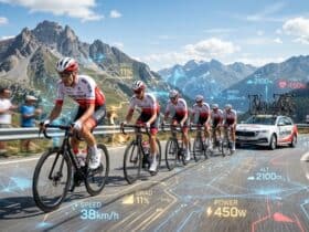 Cyclists racing up a mountain with digital overlays showing 38km/h speed, 11% gradient, and 450w power