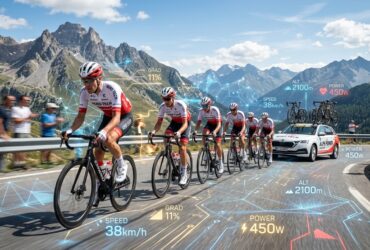 Cyclists racing up a mountain with digital overlays showing 38km/h speed, 11% gradient, and 450w power