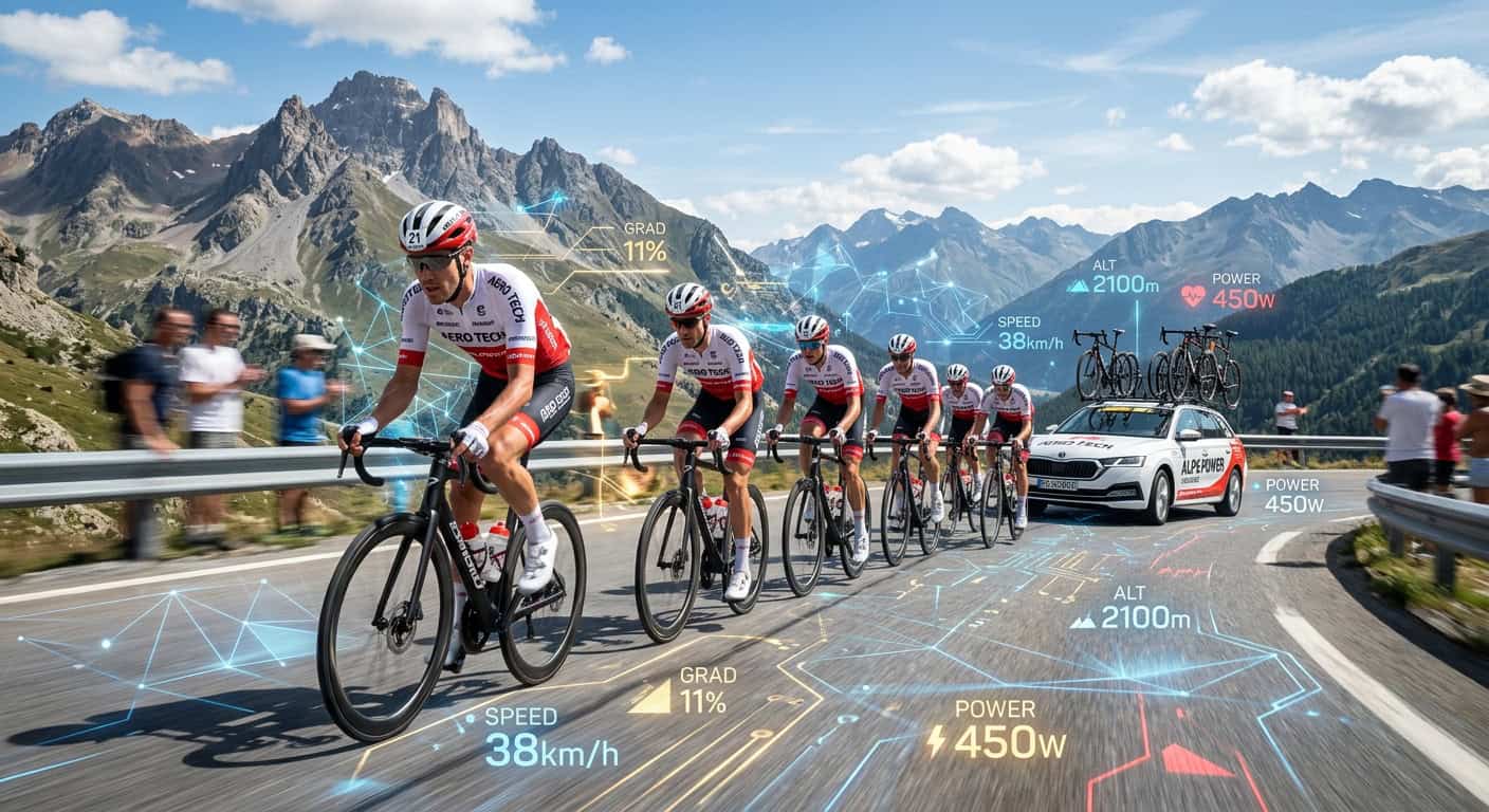 Cyclists racing up a mountain with digital overlays showing 38km/h speed, 11% gradient, and 450w power